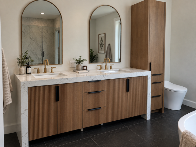 Salle de bain double vanité cannelée marbre et laiton